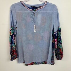 LIFE STYLE Sz S Mini Stripe and Floral Keyhole Top NWT